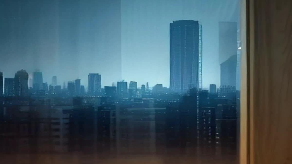shallow depth of field close-up of a panoramic city skyline seen through an office window, subtle blue tones (illustrative image)